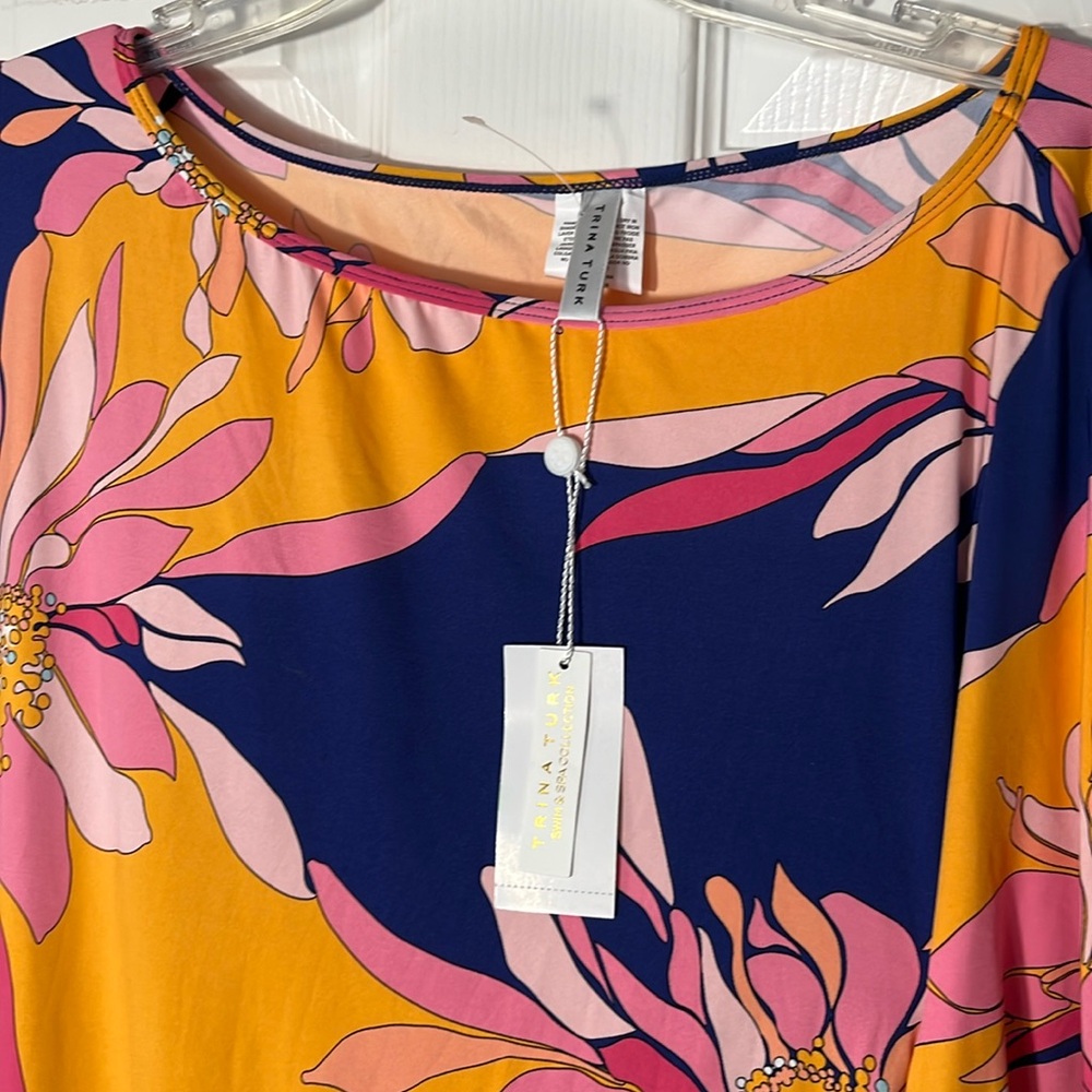 Trina Turk Breeze NWT floral bathing suit cover up wide 3/4 sleeve pink purple L - Picture 2 of 12